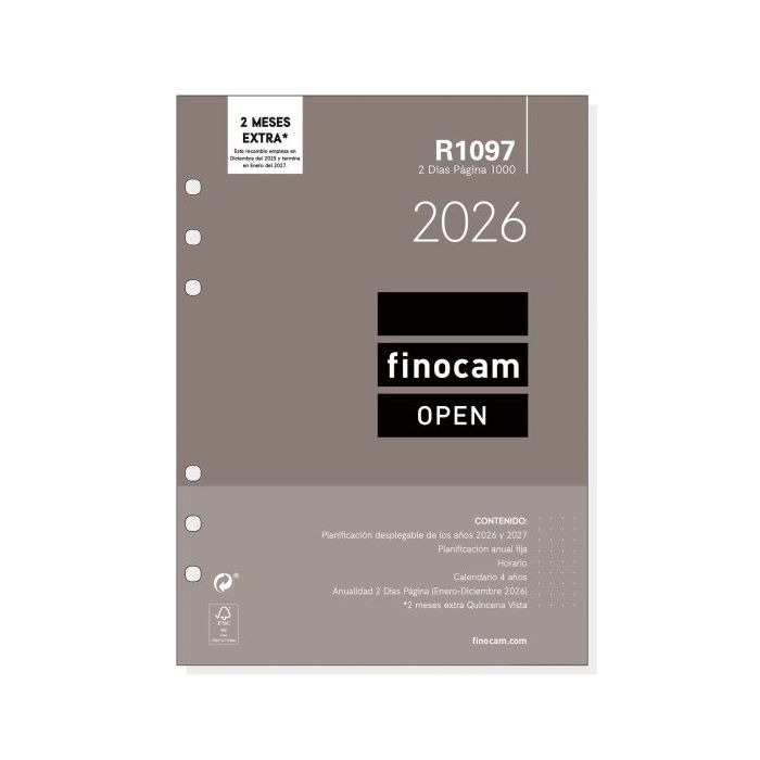 Finocam R1097 Recambio Anual 2026 para Agendas Open 2026 - Formato 1000 - 155x11x215mm - 2 Dias por Pagina - Color Blanco