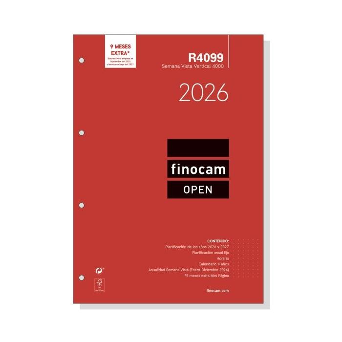 Finocam R4099 Recambio Anual 2026 para Agendas Open 2026 - Formato A4 - 210x6x297mm - Semana Vista en Vertical - Color Blanco