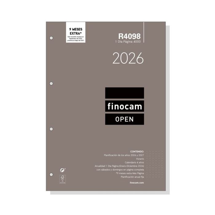 Finocam R4098 Recambio Anual 2026 para Agendas Open 2026 - Formato A4 - 210x17x297mm - 1 Dia por Pagina - Color Blanco