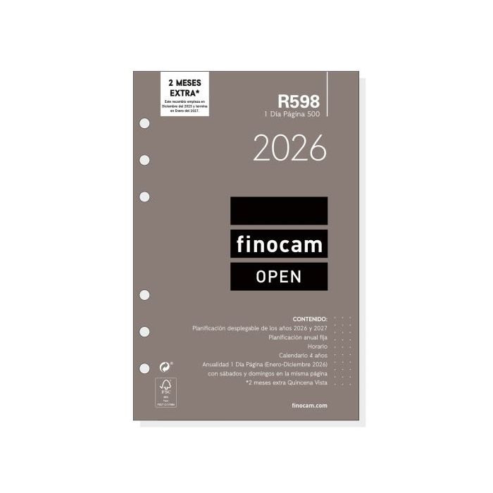 Finocam R598 Recambio Anual 2026 para Agendas Open 2026 - Formato 500 - 117x16x181mm - 1 Dia por Pagina - Color Blanco