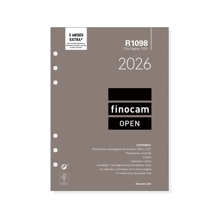 Finocam R1098 Recambio Anual 2026 para Agendas Open 2026 - Formato 1000 - 155x15x215mm - 1 Dia por Pagina - Color Blanco