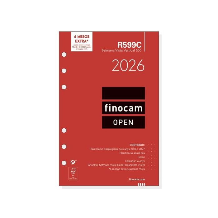 Finocam R599C Recambio Anual 2026 para Agendas Open 2026 en Catalan - Formato 500 - 117x8x181mm - Semana Vista en Vertical - Color Blanco