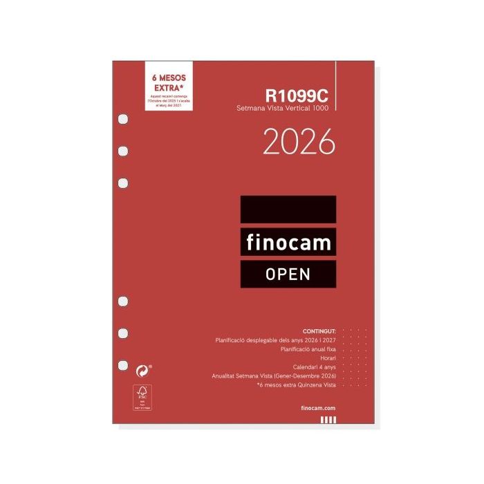 Finocam R1099C Recambio Anual 2026 para Agendas Open 2026 en Catalan - Formato 1000 - 155x7x215mm - Semana Vista en Vertical - Color Blanco
