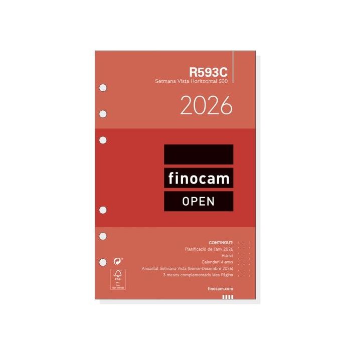 Finocam R593C Recambio Anual 2026 para Agendas Open 2026 en Catalan - Formato 500 - 117x6x181mm - Semana Vista Horizontal - Color Blanco