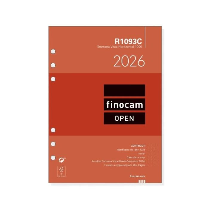 Finocam R1093C Recambio para Agendas Open en Catalan - Anual 2026 - Formato 1000 - 155x6x215mm - Semana Vista Horizontal - Color Blanco