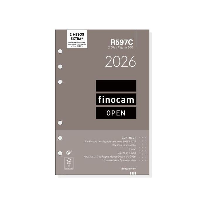 Finocam R597C Recambio Anual 2026 para Agendas Open 2026 en Catalan - Formato 500 - 117x11x181mm - 2 Dias por Pagina - Color Blanco