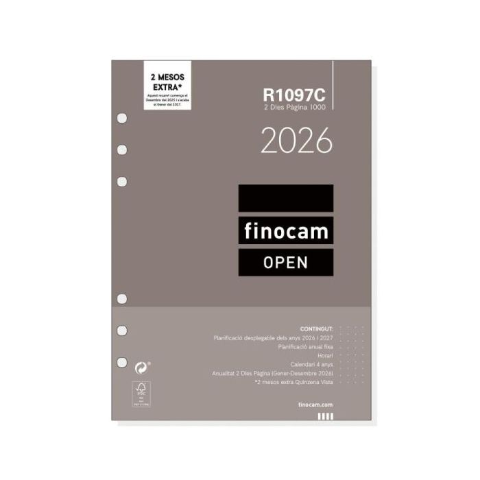Finocam R1097C Recambio para Agendas Open en Catalan - Anual 2026 - Formato 1000 - 155x11x215mm - 2 Dias por Pagina - Color Blanco