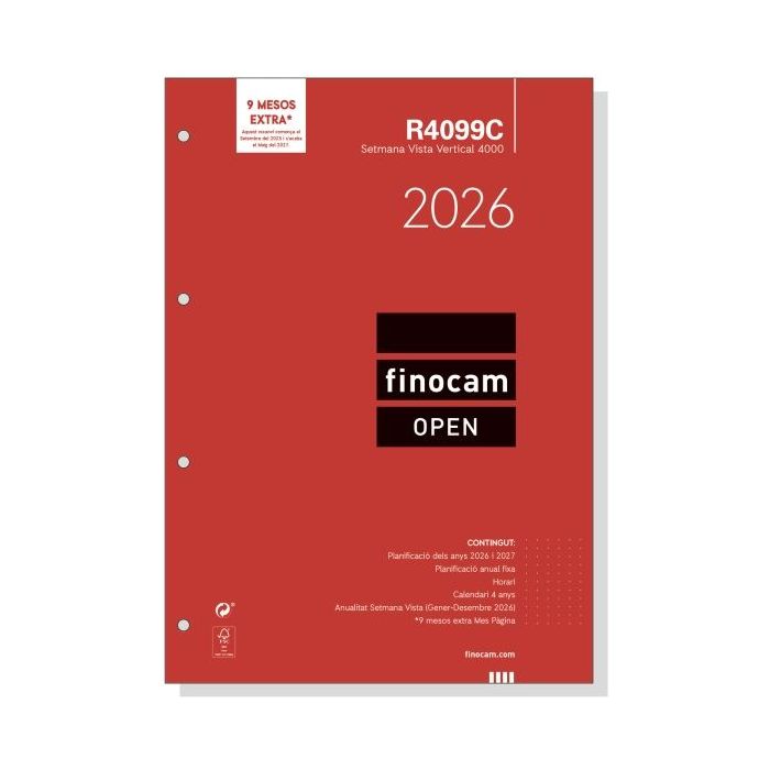Finocam R4099C Recambio Anual 2026 para Agendas Open 2026 en Catalan - Formato A4 - 210x6x297mm - Semana Vista en Vertical - Color Blanco