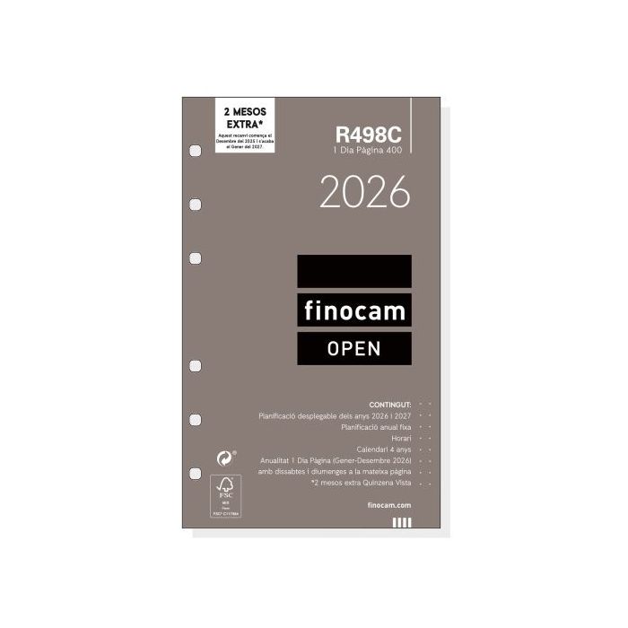 Finocam R498C Recambio Anual 2026 para Agendas Open 2026 en Catalan - Formato 400 - 91x16x152mm - 1 Dia por Pagina - Color Blanco
