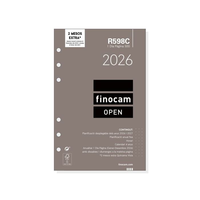 Finocam R598C Recambio Anual 2026 para Agendas Open 2026 en Catalan - Formato 500 - 117x16x181mm - 1 Dia por Pagina - Color Blanco