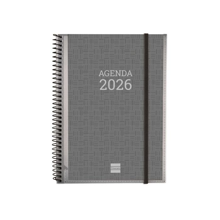 Finocam Basics Agenda en Catalan - Anual 2026 - con Espiral - Personalizable - Formato E10 - 162x14x212mm - Semana Vista Horizontal - Color Gris