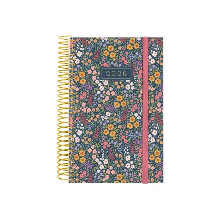 Finocam Design Collection Agenda de Espiral en Catalan - Anual 2026 - Tapa Ligera - Formato E5 - 132x25x181mm - 1 Dia por Pagina - Tematica de Flores