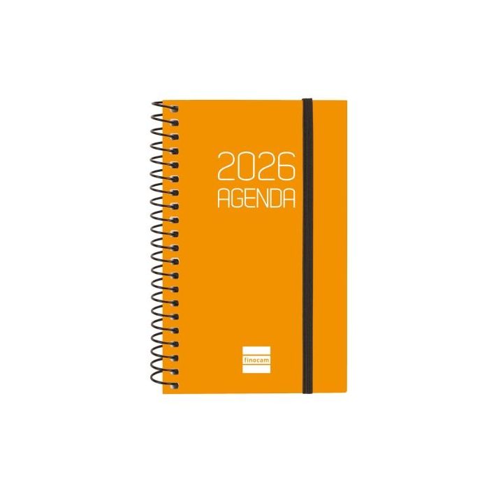 Finocam Opaque Agenda de Espiral en Catalan - Anual 2026 - Tapa Ligera - Cierre con Goma Elastica - Formato E3 - 85x14x127mm - Semana Vista Horizontal - Color Naranja