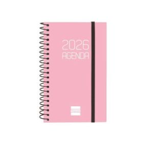 Finocam Opaque Agenda de Espiral en Catalan - Anual 2026 - Tapa Ligera - Cierre con Goma Elastica - Formato E3 - 85x14x127mm - Semana Vista Horizontal - Color Rosa