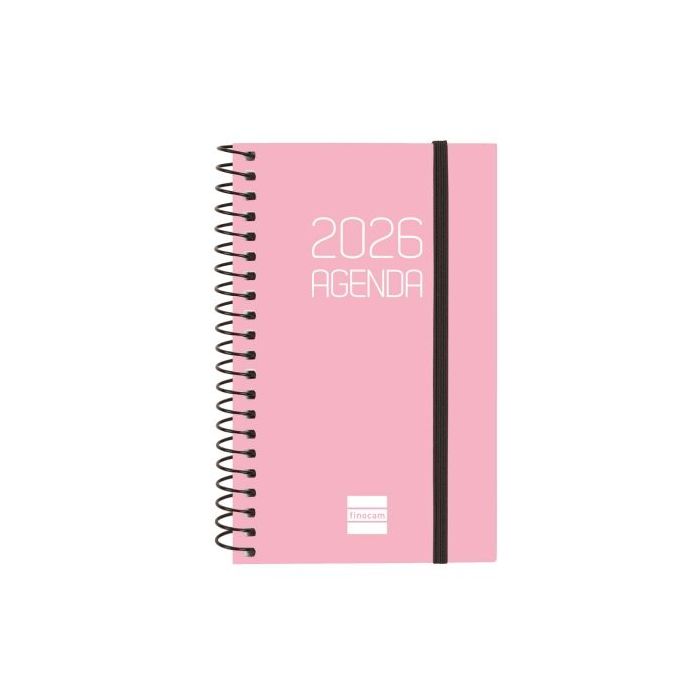 Finocam Opaque Agenda de Espiral en Catalan - Anual 2026 - Tapa Ligera - Cierre con Goma Elastica - Formato E3 - 85x14x127mm - Semana Vista Horizontal - Color Rosa