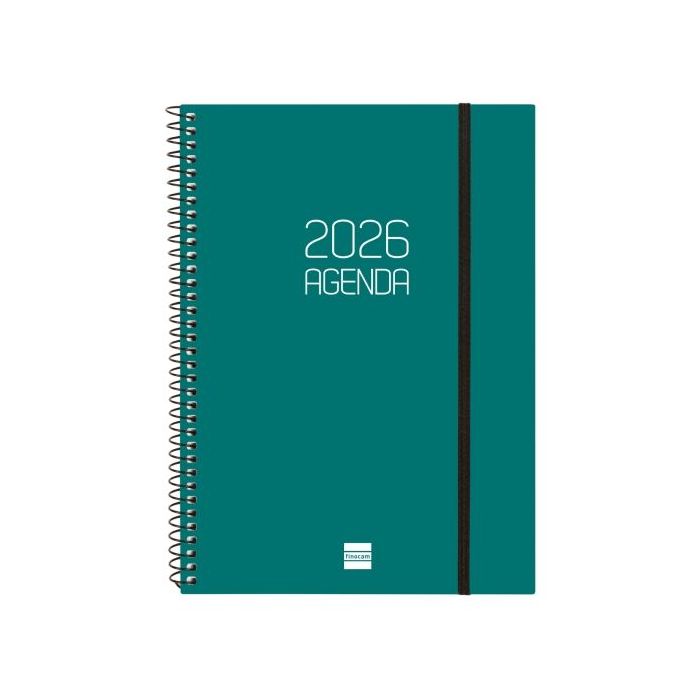 Finocam Opaque Agenda de Espiral - Anual 2026 - Tapa Ligera - Cierre con Goma Elastica - Formato E10 - 162x14x212mm - Semana Vista Horizontal - Color Verde