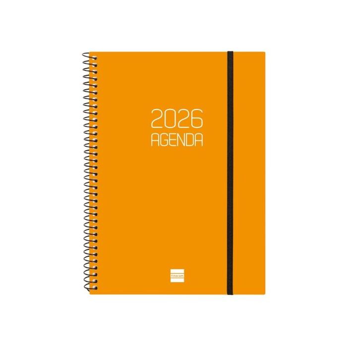 Finocam Opaque Agenda de Espiral - Anual 2026 - Tapa Ligera - Cierre con Goma Elastica - Formato E10 - 162x14x212mm - Semana Vista Horizontal - Color Naranja