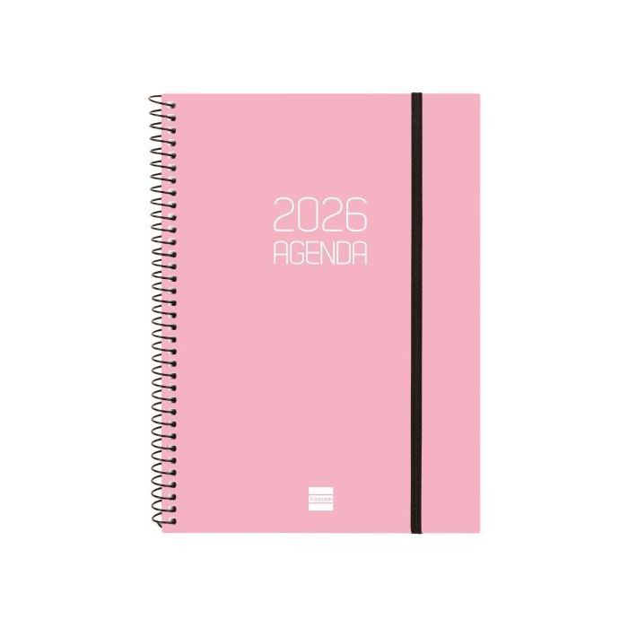 Finocam Opaque Agenda de Espiral - Anual 2026 - Tapa Ligera - Cierre con Goma Elastica - Formato E10 - 162x14x212mm - Semana Vista Horizontal - Color Rosa