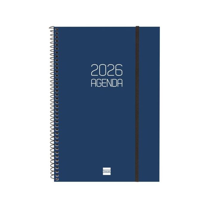 Finocam Opaque Agenda de Espiral - Anual 2026 - Tapa Ligera - Cierre con Goma Elastica - Formato E11 - 172x14x242mm - Semana Vista en Vertical - Color Azul
