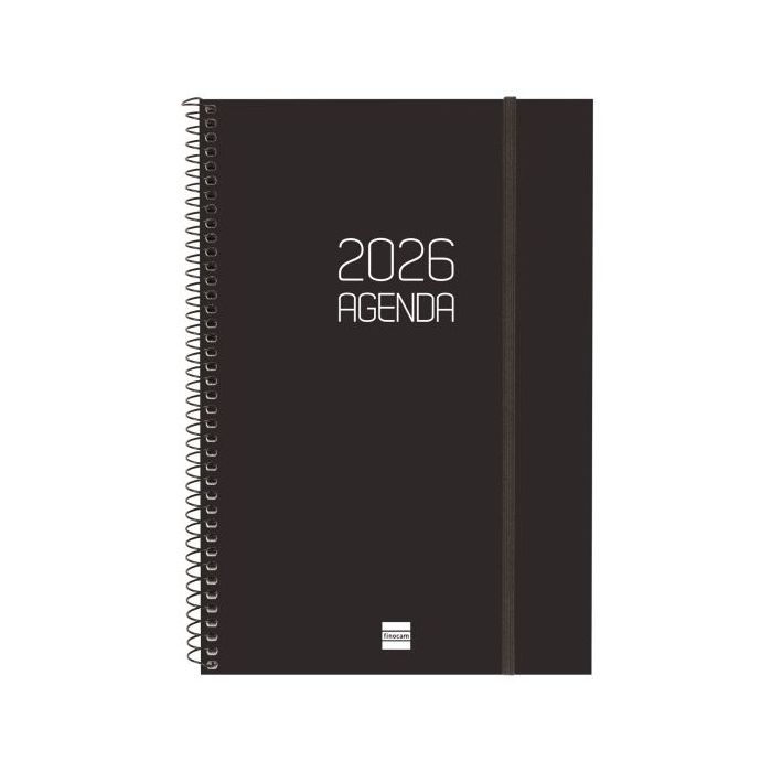 Finocam Opaque Agenda de Espiral - Anual 2026 - Tapa Ligera - Cierre con Goma Elastica - Formato E11 - 172x14x242mm - Semana Vista en Vertical - Color Negro
