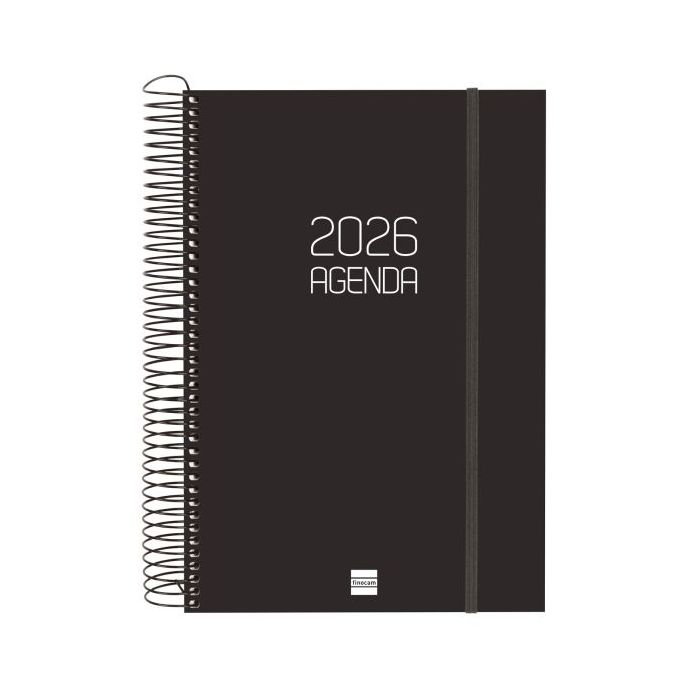 Finocam Opaque Agenda de Espiral en Catalan - Anual 2026 - Tapa Ligera - Cierre con Goma Elastica - Formato E11 - 175x29x242mm - 1 Dia por Pagina - Color Negro