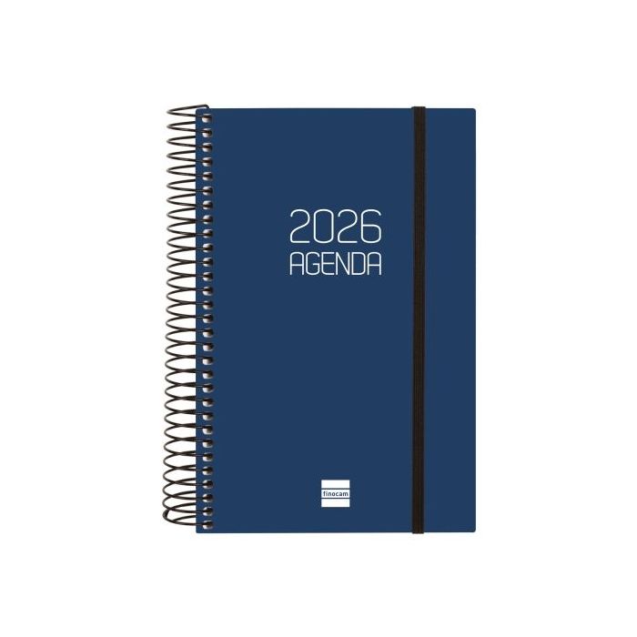 Finocam Opaque Agenda de Espiral en Catalan - Anual 2026 - Tapa Ligera - Cierre con Goma Elastica - Formato E5 - 135x24x181mm - 1 Dia por Pagina - Color Azul