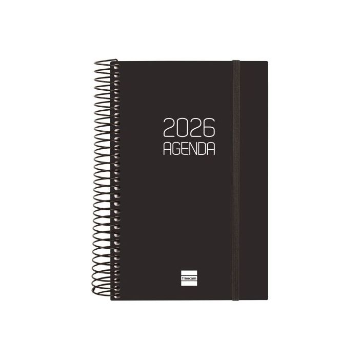 Finocam Opaque Agenda de Espiral en Catalan - Anual 2026 - Tapa Ligera - Cierre con Goma Elastica - Formato E5 - 135x24x181mm - 1 Dia por Pagina - Color Negro