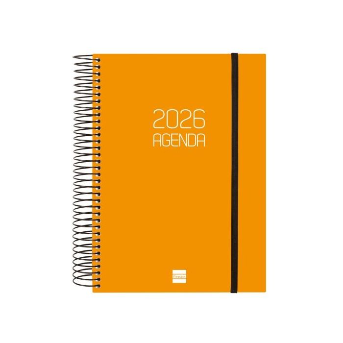 Finocam Opaque Agenda de Espiral en Catalan - Anual 2026 - Tapa Ligera - Cierre con Goma Elastica - Formato E10 - 175x29x212mm - 1 Dia por Pagina - Color Naranja