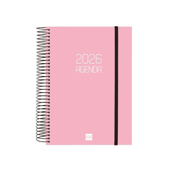 Finocam Opaque Agenda de Espiral en Catalan - Anual 2026 - Tapa Ligera - Cierre con Goma Elastica - Formato E10 - 175x29x212mm - 1 Dia por Pagina - Color Rosa