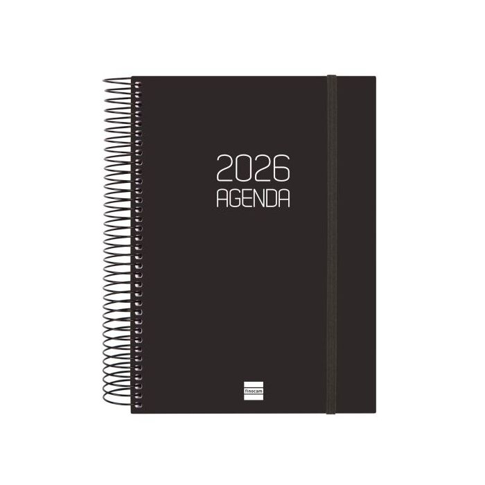 Finocam Opaque Agenda de Espiral en Catalan - Anual 2026 - Tapa Ligera - Cierre con Goma Elastica - Formato E10 - 175x29x212mm - 1 Dia por Pagina - Color Negro