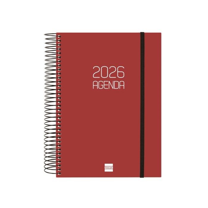 Finocam Opaque Agenda de Espiral en Catalan - Anual 2026 - Tapa Ligera - Cierre con Goma Elastica - Formato E10 - 175x29x212mm - 1 Dia por Pagina - Color Burdeos