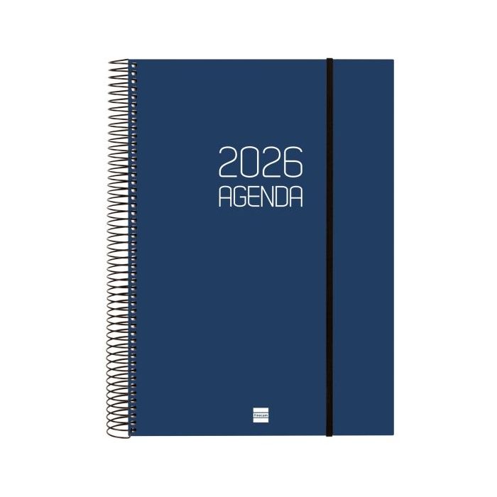 Finocam Opaque Agenda de Espiral en Catalan - Anual 2026 - Tapa Ligera - Cierre con Goma Elastica - Formato E40 - 230x29x297mm - 1 Dia por Pagina - Color Azul
