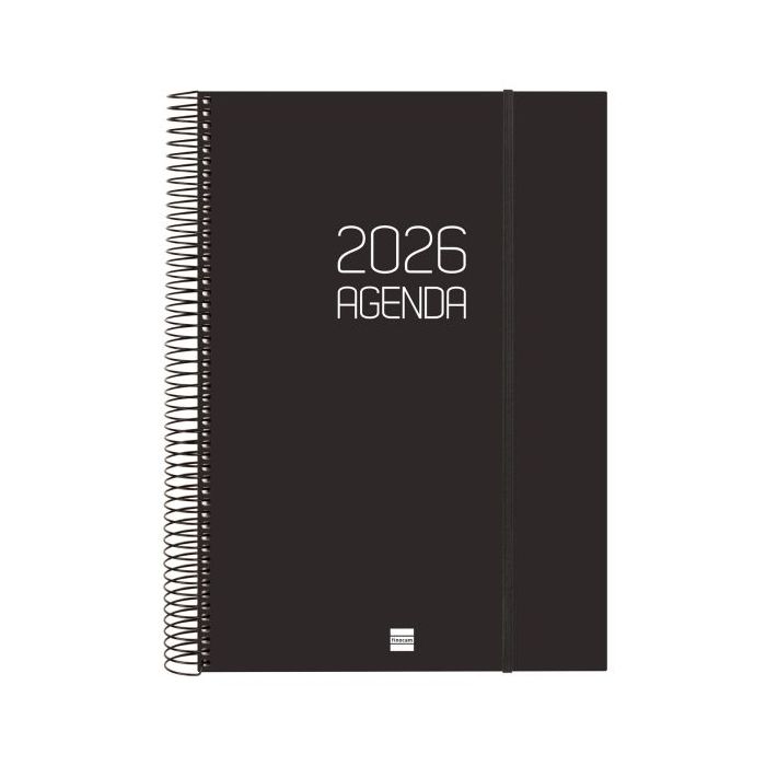Finocam Opaque Agenda de Espiral en Catalan - Anual 2026 - Tapa Ligera - Cierre con Goma Elastica - Formato E40 - 230x29x297mm - 1 Dia por Pagina - Color Negro