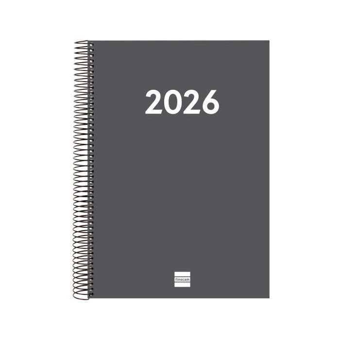 Finocam Espiral Recambio Anual 2026 para Agendas Duo - Anual 2026 - Formato E40 - 230x29x297mm - 1 Dia por Pagina - Color Gris Oscuro
