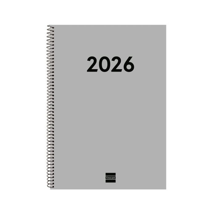 Finocam Espiral Recambio Anual 2026 para Agendas Duo - Anual 2026 - Formato E40 - 217x14x297mm - Semana Vista en Vertical - Color Gris Claro