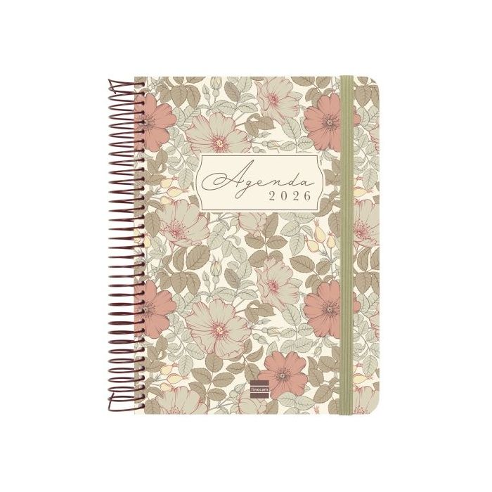 Finocam Cloe Agenda de Espiral - Anual 2026 - Planificador - Cierre de Goma - Formato E10 - 175x28x214mm - 1 Dia por Pagina - Color Marron