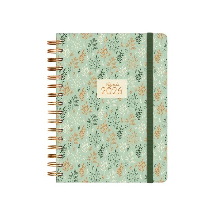 Finocam You Agenda de Espiral en Catalan - Anual 2026 - Planificador - Cierre de Goma - Formato E10 - 180x30x220mm - 1 Dia por Pagina - Tematica de Hojas