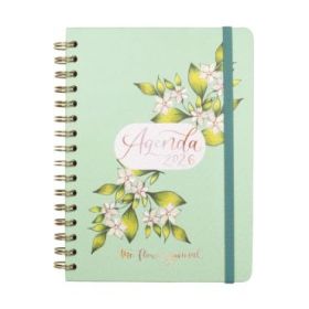 Finocam Flower Journal Agenda de Espiral - Anual 2026 - Tapa Dura - Cierre de Goma - Formato E10 - 155X212mm - Semana Vista Horizontal - Color Verde