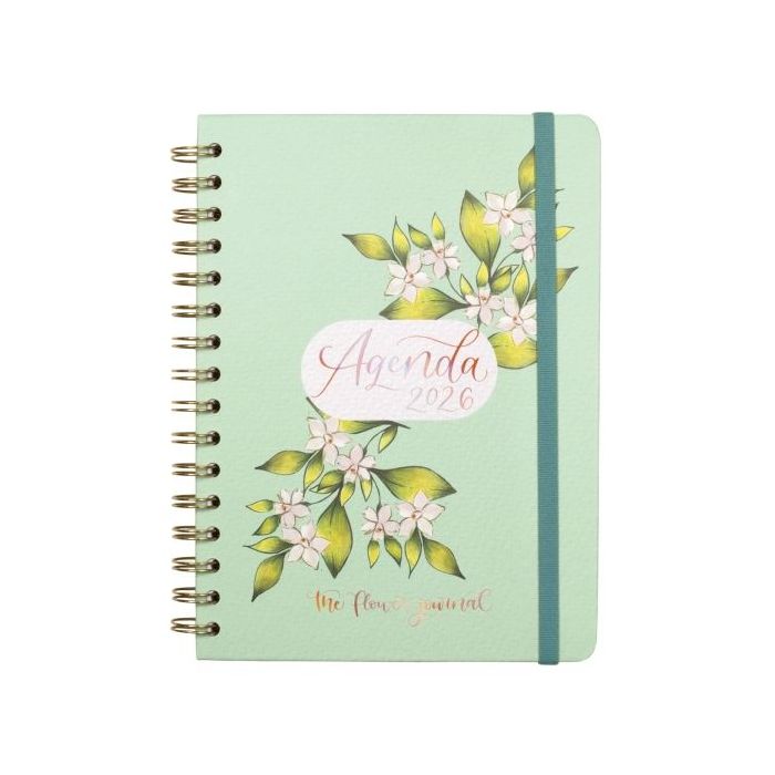 Finocam Flower Journal Agenda de Espiral - Anual 2026 - Tapa Dura - Cierre de Goma - Formato E10 - 155X212mm - Semana Vista Horizontal - Color Verde