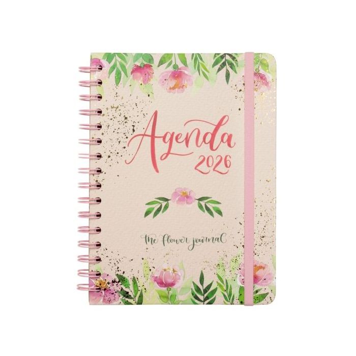 Finocam Flower Journal Agenda de Espiral en Catalan - Anual 2026 - Tapa Dura - Cierre de Goma - Formato E10 - 155X212mm - Semana Vista Horizontal - Color Rosa