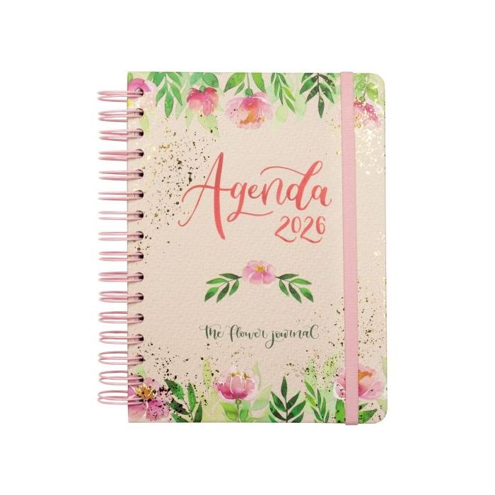 Finocam Flower Journal Agenda de Espiral - Anual 2026 - Tapa Dura - Cierre de Goma - Formato E10 - 155X212mm - 1 Dia por Pagina - Color Rosa