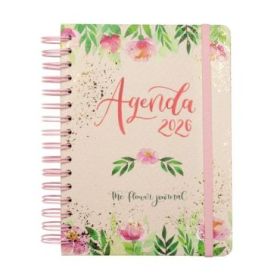 Finocam Flower Journal Agenda de Espiral en Catalan - Anual 2026 - Tapa Dura - Cierre de Goma - Formato E10 - 155X212mm - 1 Dia por Pagina - Color Rosa