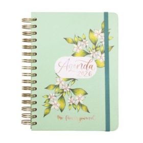 Finocam Flower Journal Agenda de Espiral en Catalan - Anual 2026 - Tapa Dura - Cierre de Goma - Formato E10 - 155X212mm - 1 Dia por Pagina - Color Verde