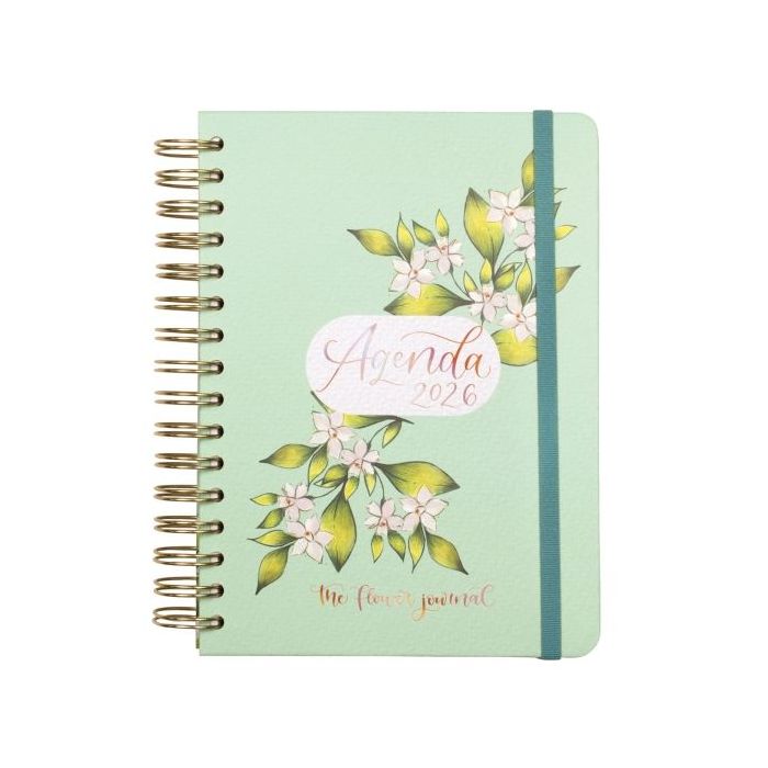 Finocam Flower Journal Agenda de Espiral en Catalan - Anual 2026 - Tapa Dura - Cierre de Goma - Formato E10 - 155X212mm - 1 Dia por Pagina - Color Verde