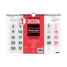 Finocam Calendario de Pared - Anual 2026 - Formato M - 300x5x220mm - Numeros Grandes - Color Blanco y Rojo
