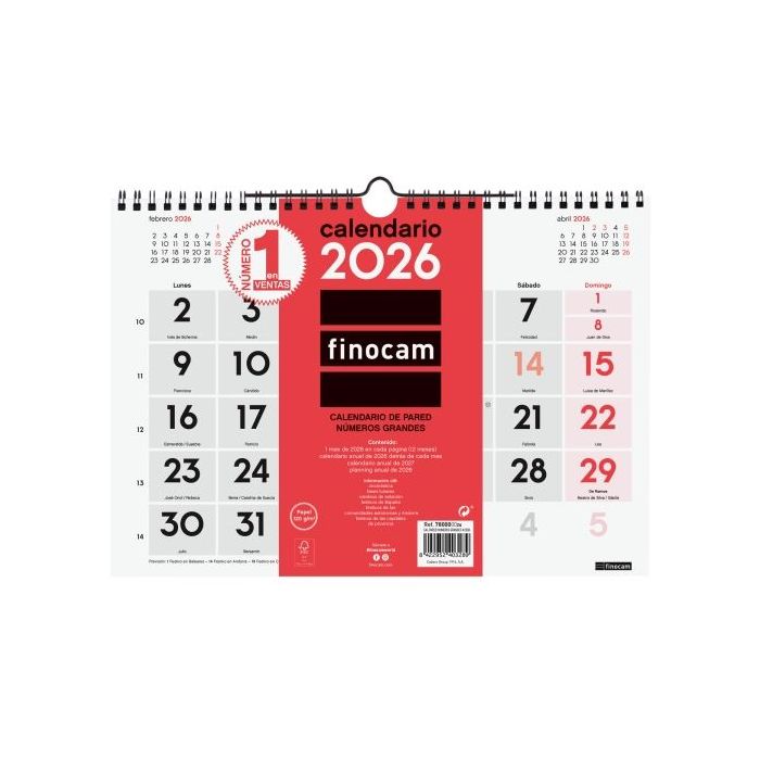 Finocam Calendario de Pared - Anual 2026 - Formato M - 300x5x220mm - Numeros Grandes - Color Blanco y Rojo