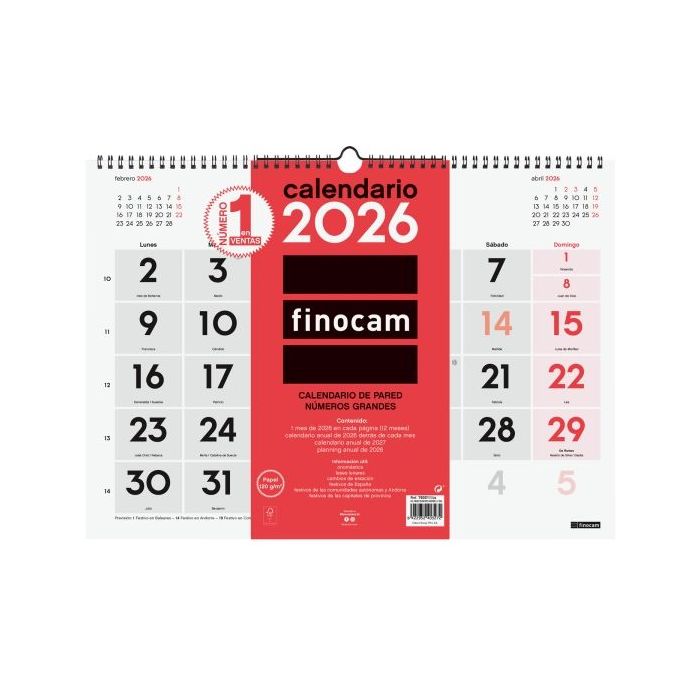 Finocam Calendario de Pared - Anual 2026 - 430x5x320mm - Numeros Grandes - Color Blanco y Rojo