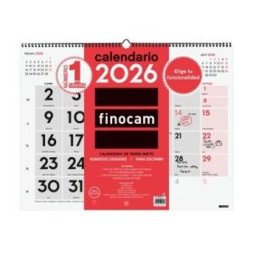 Finocam Calendario de Pared - Anual 2026 - Espacio para Escribir - Formato XL - 540x5x430mm - Numeros Grandes - Color Blanco y Rojo