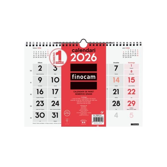 Finocam Calendario de Pared en Catalan - Anual 2026 - Formato M - 300x5x220mm - Numeros Grandes - Color Blanco y Rojo