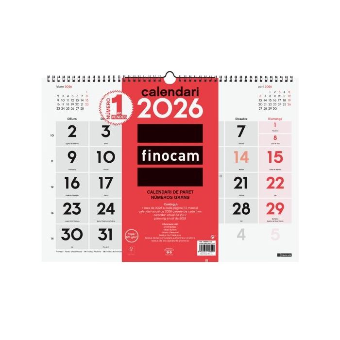 Finocam Calendario de Pared en Catalan - Anual 2026 - 430x5x320mm - Numeros Grandes - Color Blanco y Rojo